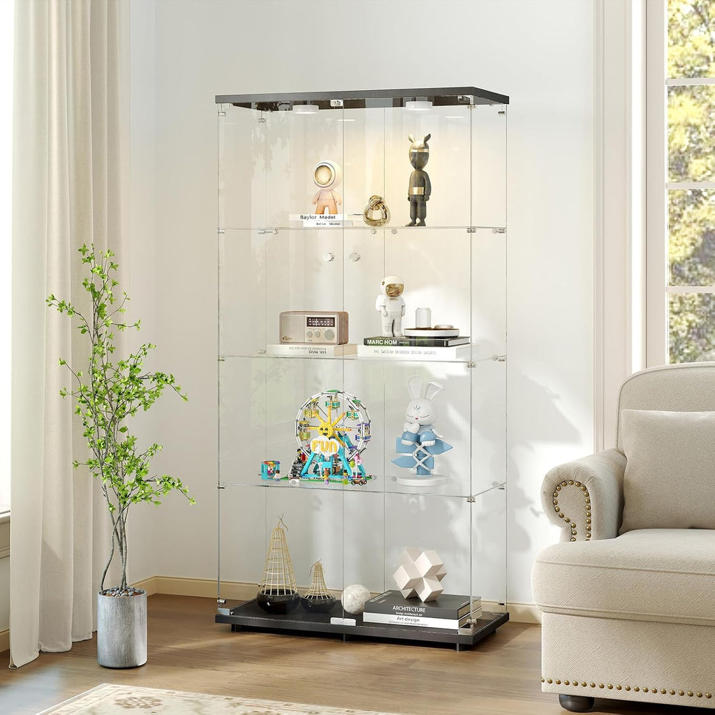 Zevemomo Tempered Glass Display Cabinet with Lights, 4-Tier Curio Cabinet with Glass Doors and Lock, Glass Display Case for Collectibles, for Living Room, Bedroom, Office, Black, Double Door