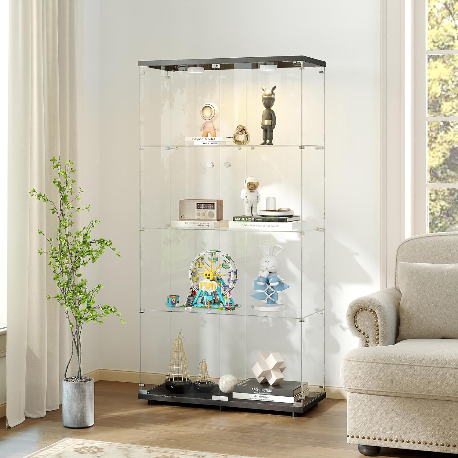 Zevemomo Tempered Glass Display Cabinet with Lights, 4-Tier Curio Cabinet with Glass Doors and Lock, Glass Display Case for Collectibles, for Living Room, Bedroom, Office, Black, Double Door