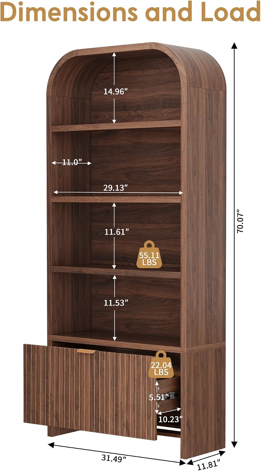 LEVNARY Arched Bookcase with Drawer, 70' Tall 5-Tier Bookshelf with Fluted Carved Drawer, Freestanding Display Storage Cabinet for Living Room Bedroom Home Office (Walnut)