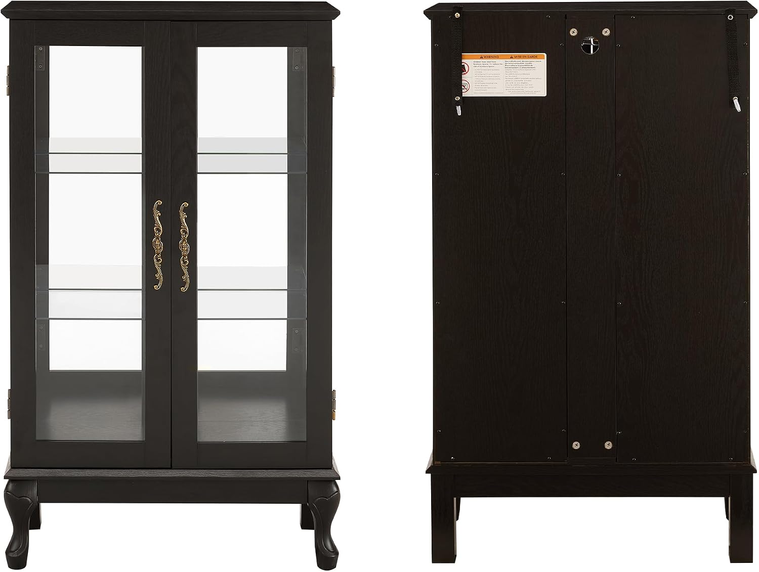 43' H Lighted Glass Curio Display Cabinet, 3-Tier Glass Accent Storage Cabinet Curio Showcase w/Adjustable Shelves,Wine Artwork Storage Rack w/Mirrored Back Panel for Living Room(Black)