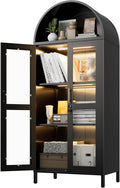 Metal Arched Bookcase Cabinet with 3 LED Strips,Lockable Arched Display Cabinet with Glass Doors for Living Room, Home,Office, Assembly Required (Black)