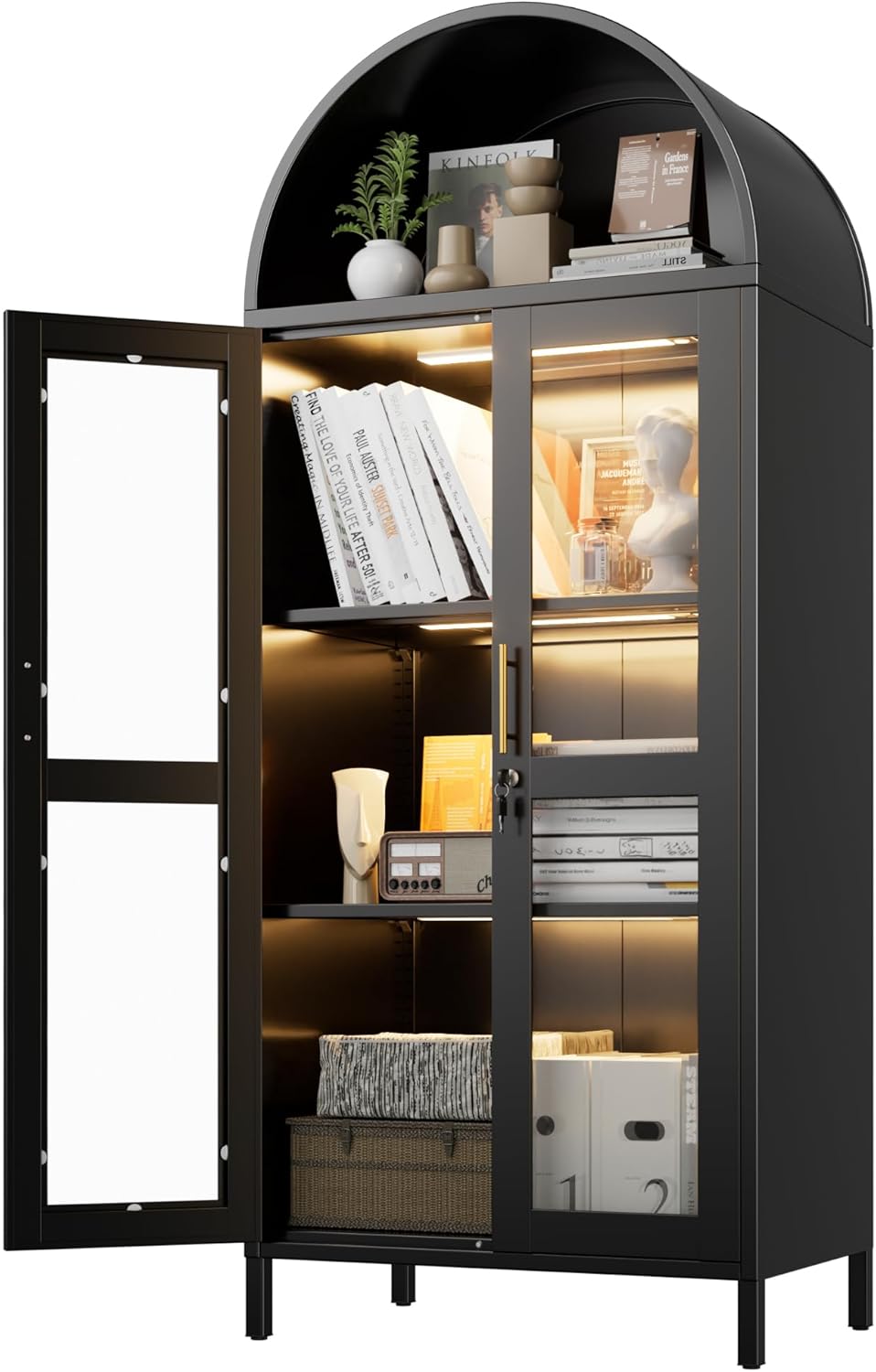 Metal Arched Bookcase Cabinet with 3 LED Strips,Lockable Arched Display Cabinet with Glass Doors for Living Room, Home,Office, Assembly Required (Black)