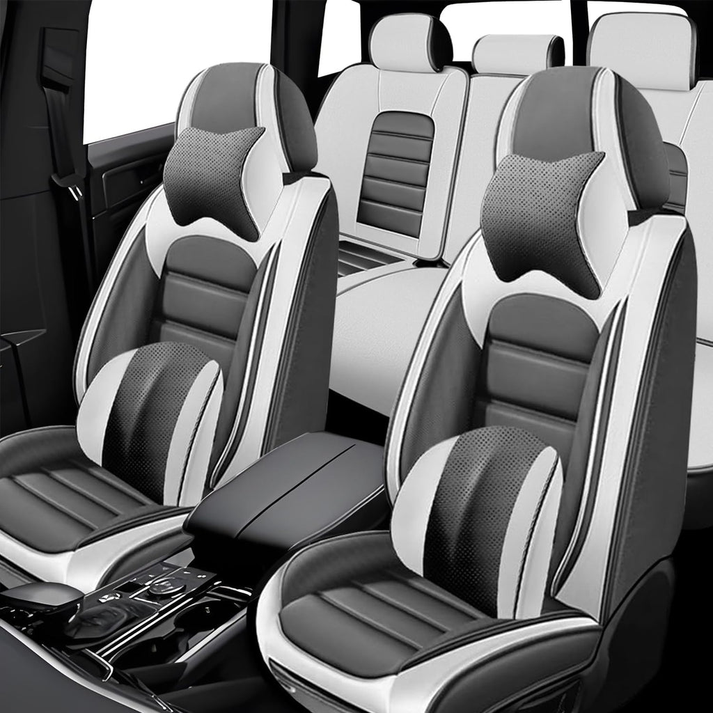 5 Seat Covers for Volvo XC90 2006-2024 Leather Car Seat Covers Waterproof Soft Car Seat Protectors Comfort Premium Automotive Seat Covers with Airbag（Luxury,White+Gray）