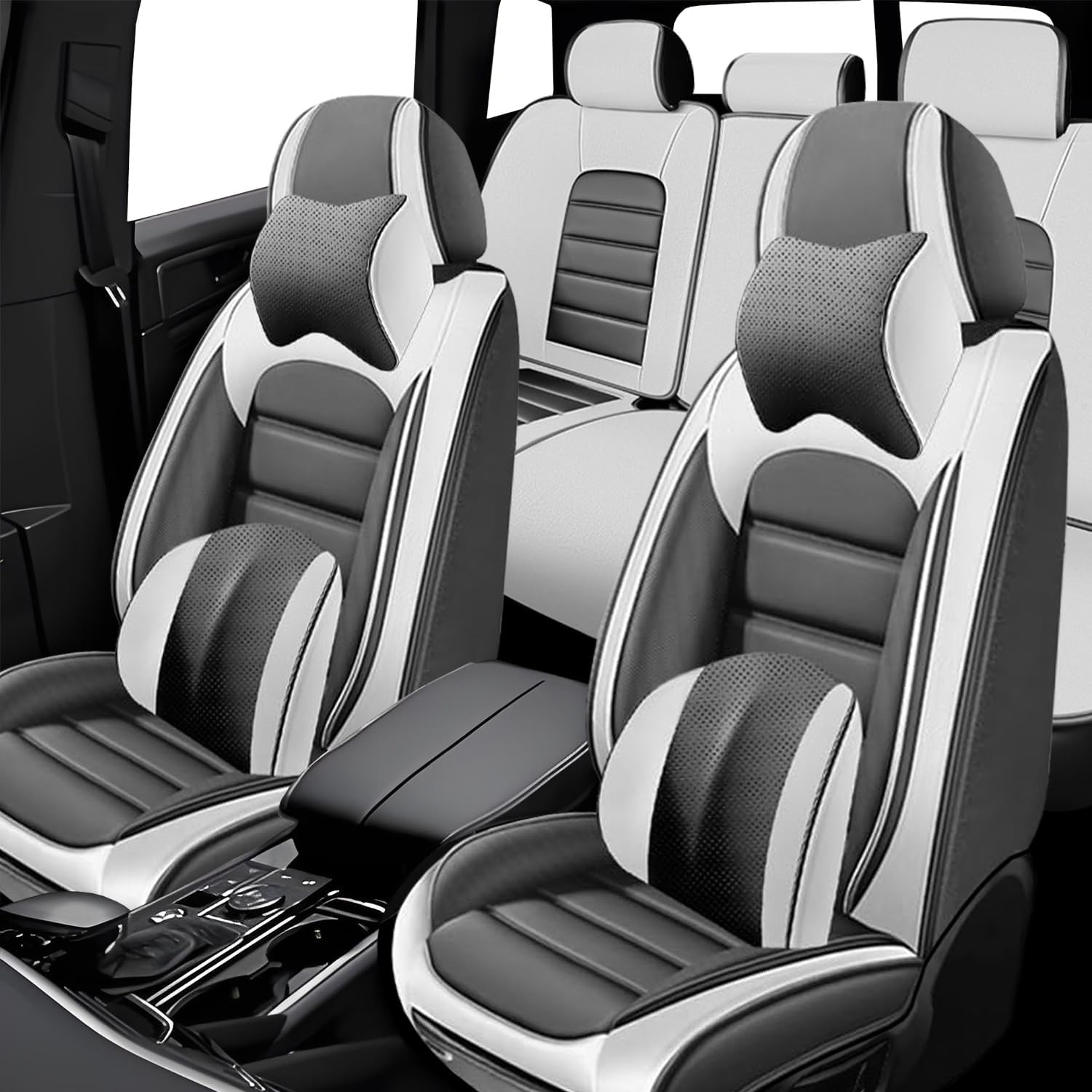 5 Seat Covers for Volvo XC90 2006-2024 Leather Car Seat Covers Waterproof Soft Car Seat Protectors Comfort Premium Automotive Seat Covers with Airbag（Luxury,White+Gray）