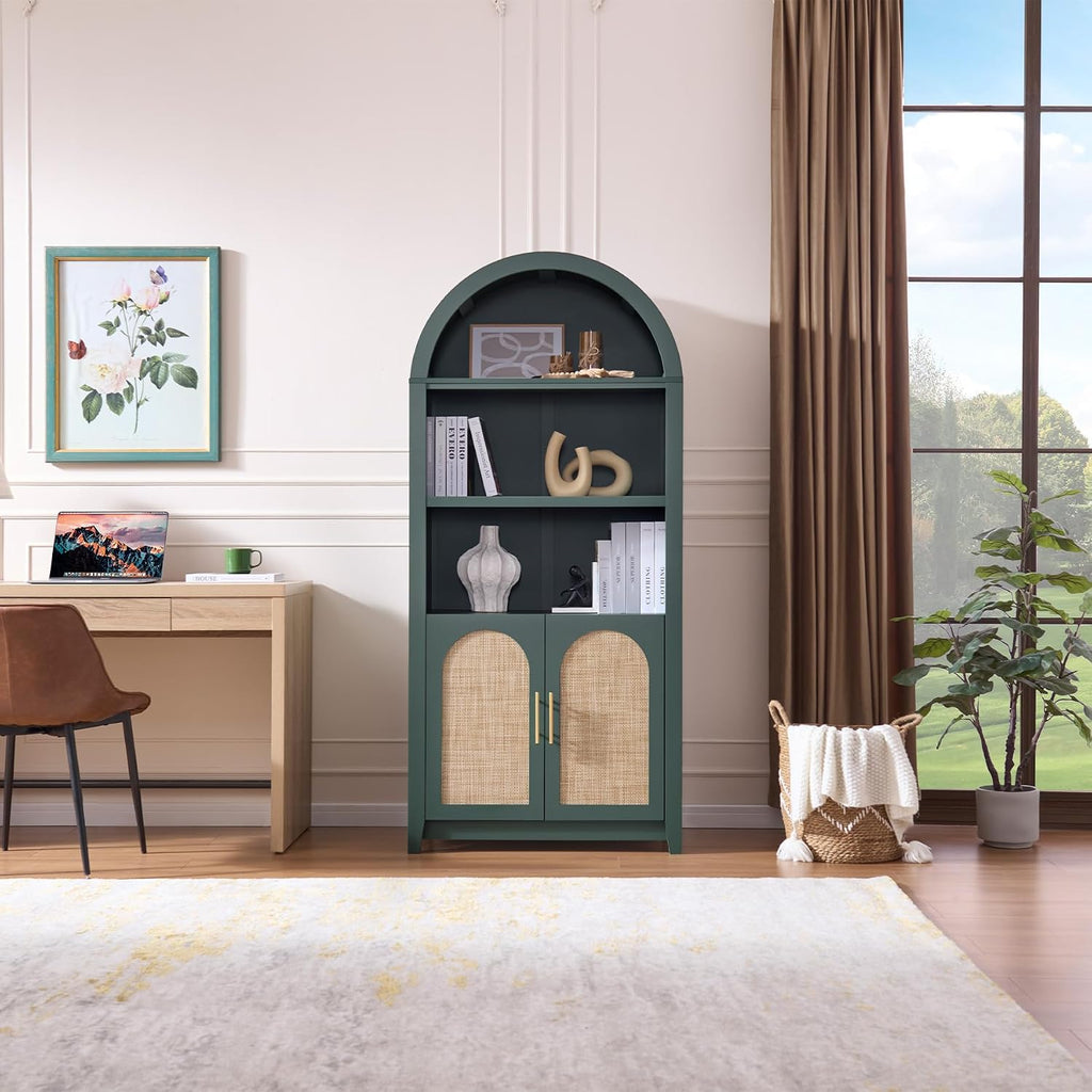 RowyPoey Rattan Arched Cabinet Bookshelf - 69.3' Tall Mid Century Display Cabinet, Rounded Bookcase with Rattan Doors, Open Shelf Storage for Dining Room (Green, 1 PC)