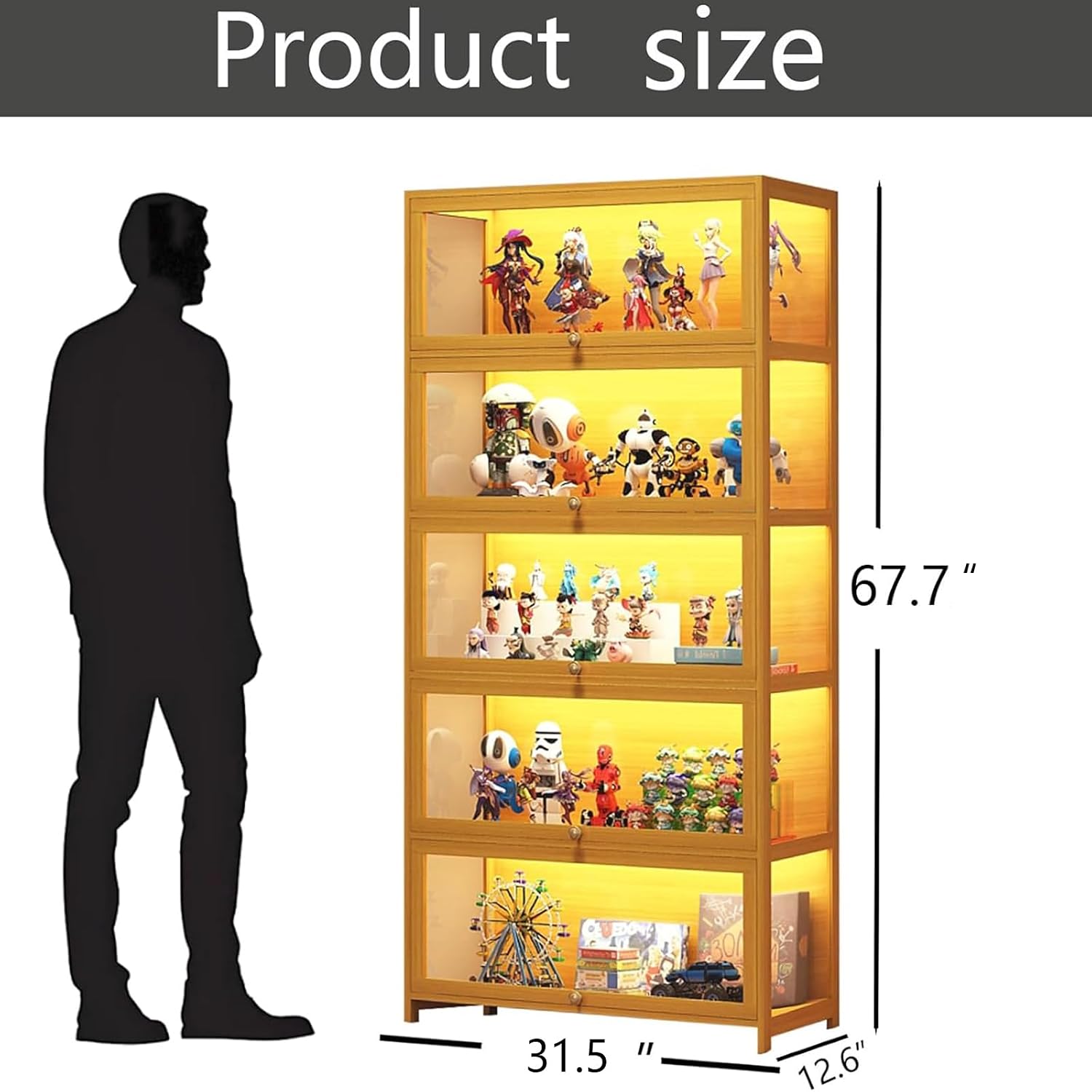 Display Cabinet with Acrylic Glass Doors, 5-Tier Curio Cabinet, Collectibles Toy Organizers Rack & Display Shelf, High Display Case for Home, Office, Playroom, Living Room (Wooden flep Door)