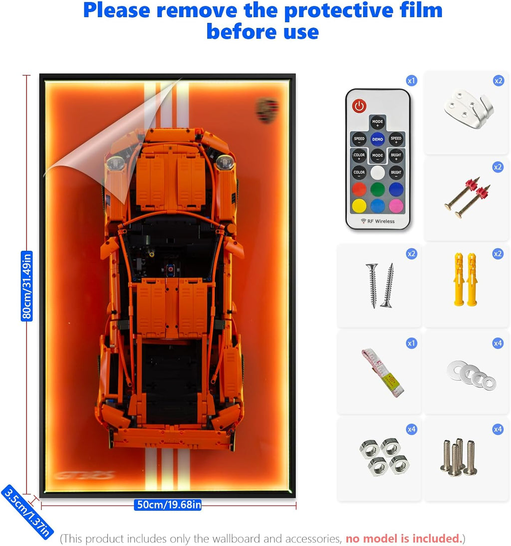 Display Wallboard with RGB LED Lights Compatible with Lego Technic 42056 Porsche 911 GT3 RS Building Kit - Adult Collectibles Wall Mount for Home or Office Décor (No Car Included)