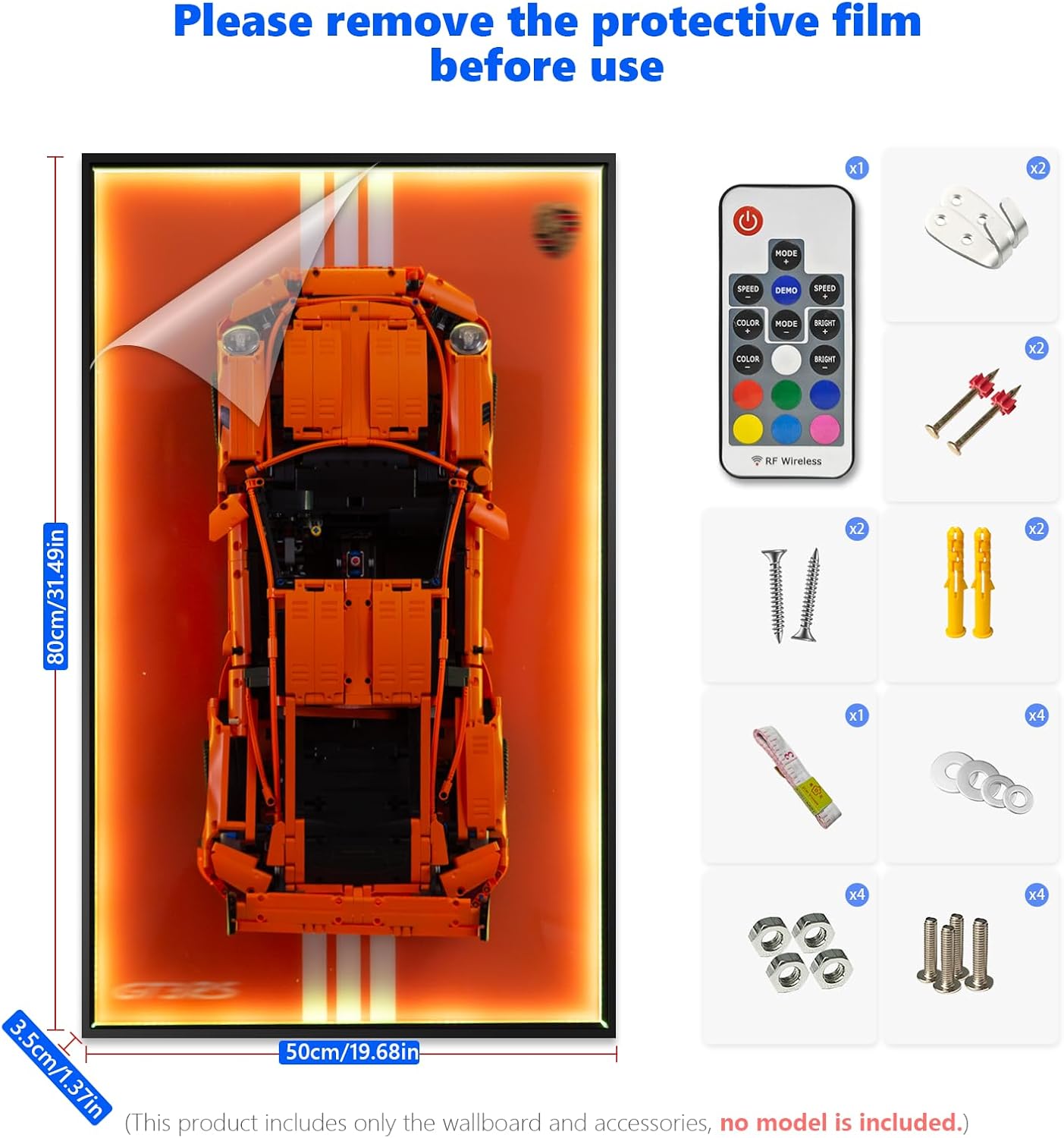Display Wallboard with RGB LED Lights Compatible with Lego Technic 42056 Porsche 911 GT3 RS Building Kit - Adult Collectibles Wall Mount for Home or Office Décor (No Car Included)