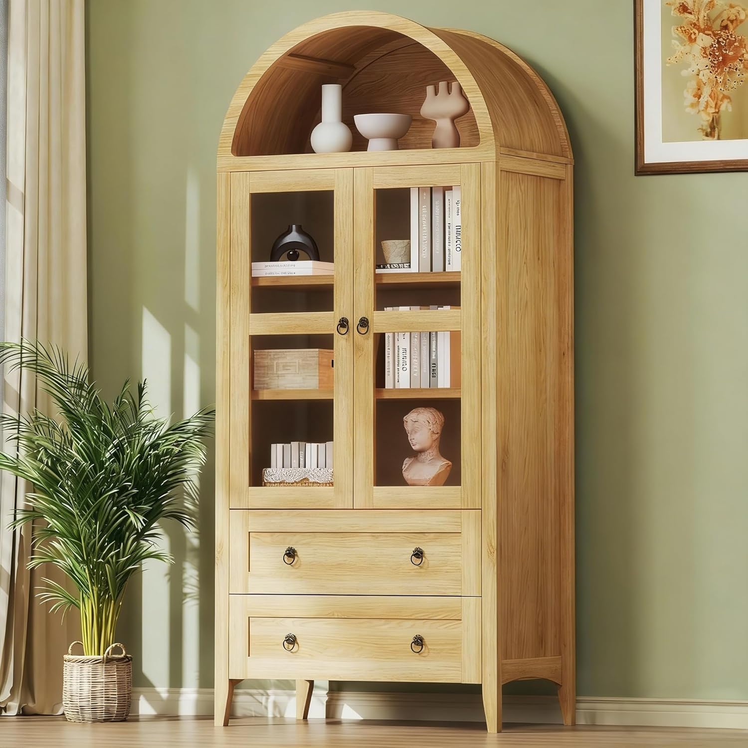 HUAHUU 71' Tall Pantry Cabinet, Arched Cabinet, Kitchen Storage Cabinets with 2 Large Drawers & Adjustable Shelves & Glass Door for Living Room, Kitchen, Dining Room, Natrual