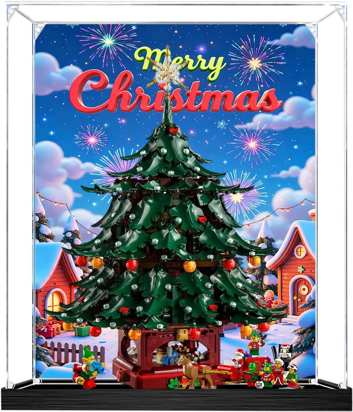 Acrylic Display Case for Lego 41843 Family Christmas Tree Building Set– Dustproof Display Box & Showcase, Display Box Compatible with Lego 41843 -Only Display case (Back Spray Black Base 1)
