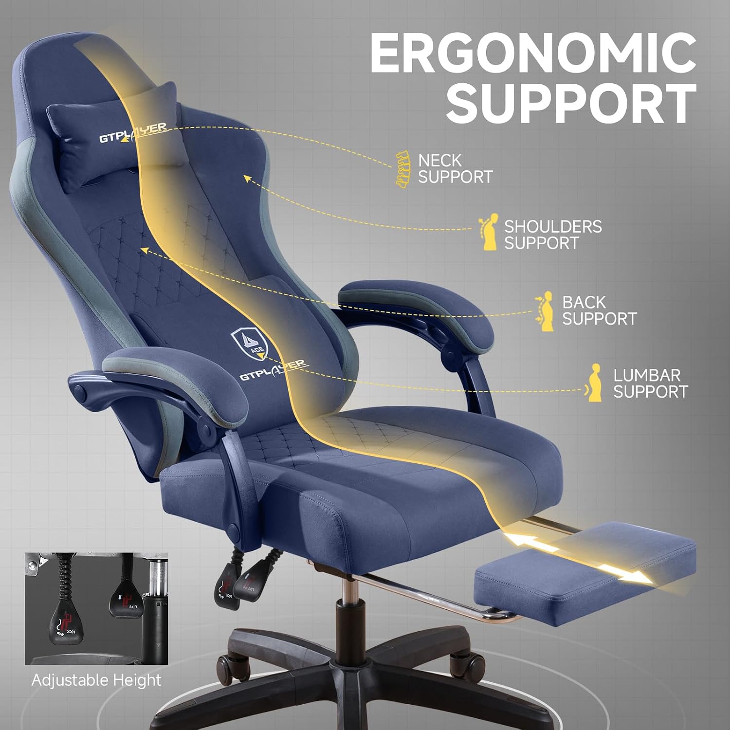 GTPLAYER Gaming Chair, Computer Office Chair with Pocket Spring Cushion, Linkage Armrests and Footrest, High Back Ergonomic Computer Chair with Lumbar Support Task Chair with Footrest