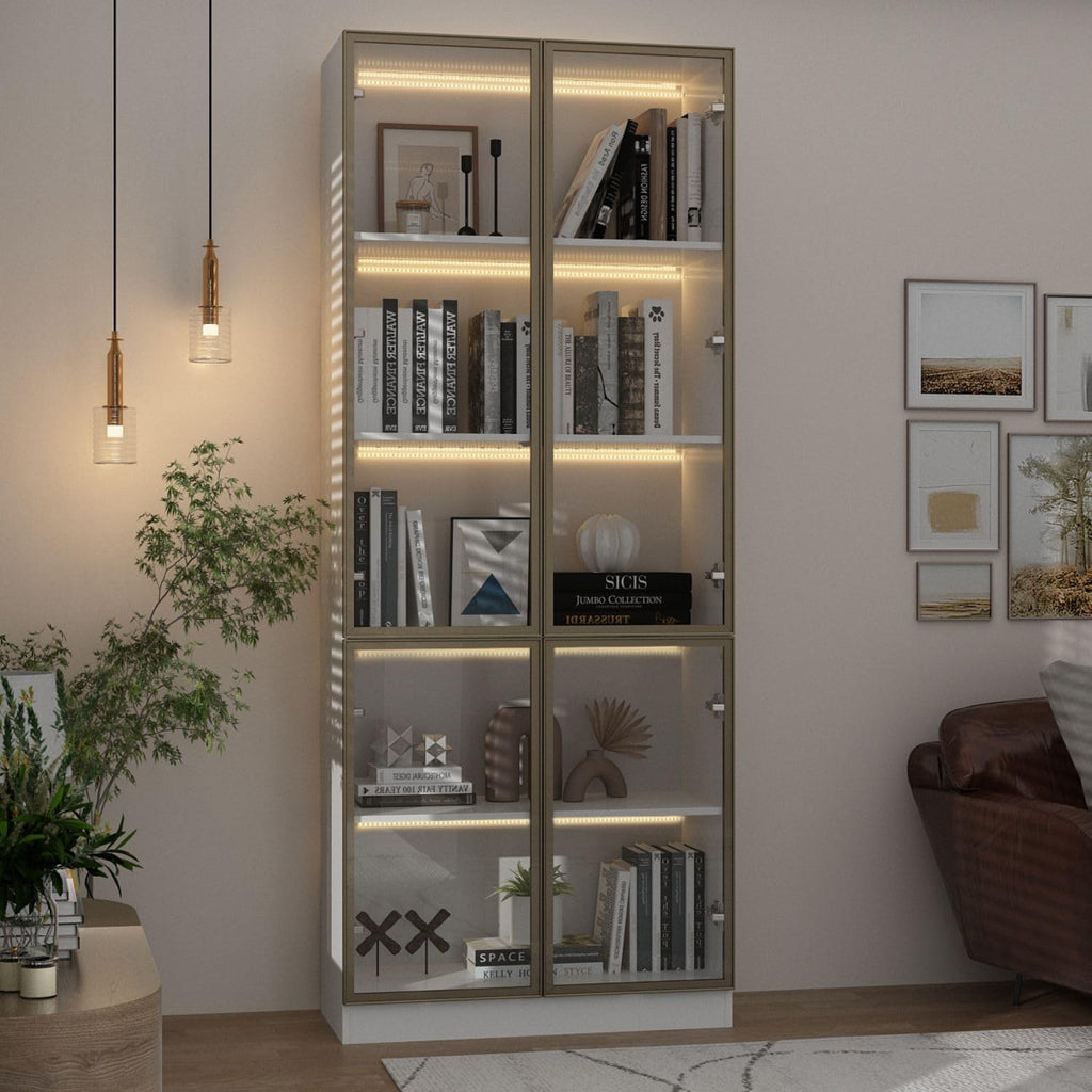 Display Cabinet with 4 Glass Doors and Lights, 5-Tier Shelves & Pop-up Design, Display Cabinet for Collectibles, Display Case White and Champagne Gold (31.5'W x 14.2'D x 78.7'H)