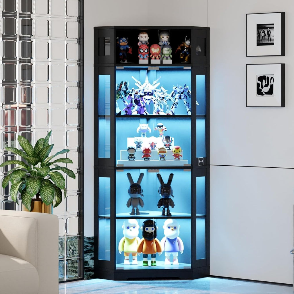 Corner Display Cabinet with Glass Doors, 71' Lighted Curio Cabinet with 3 Color Lights for Collectibles, 5-Tier Display Case with Human Body Sensor for Toys, Books, Black