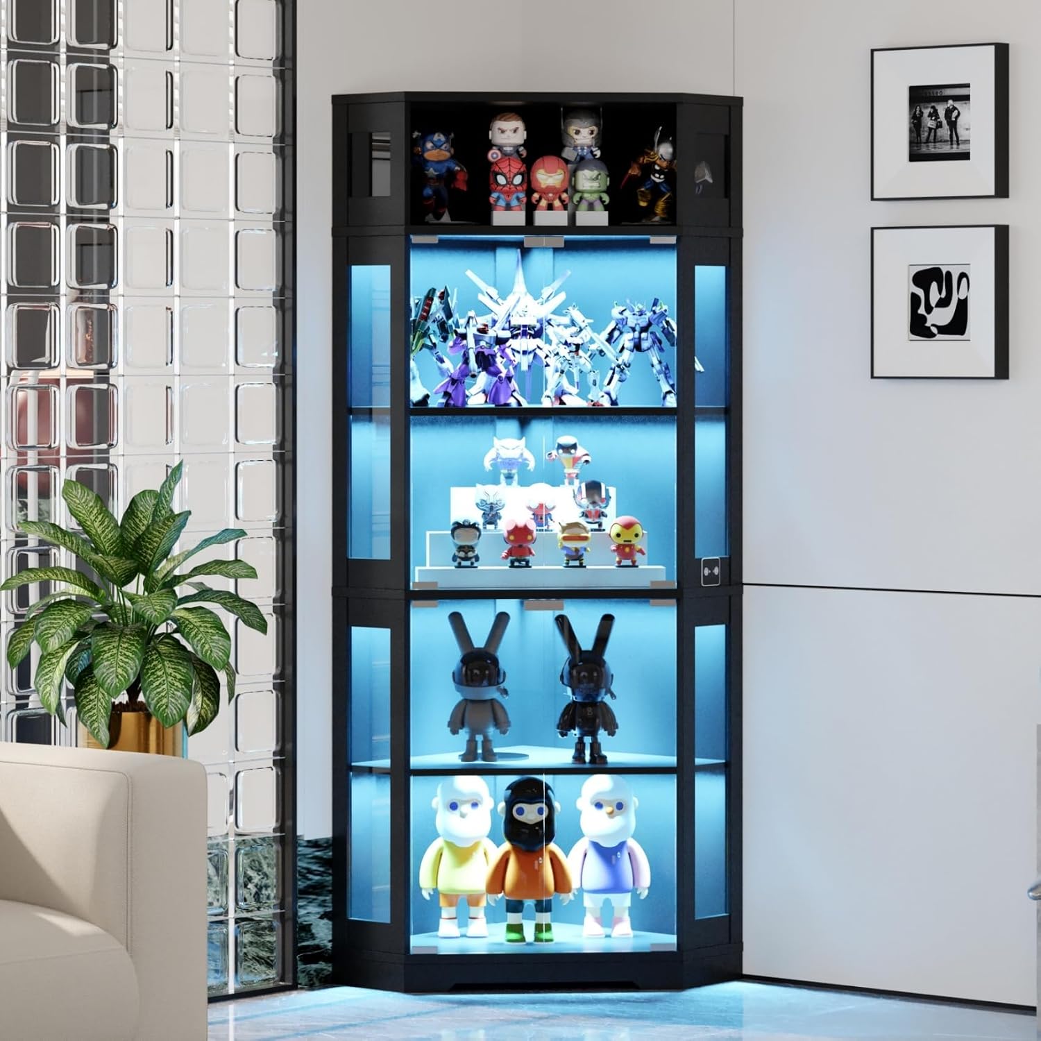 Corner Display Cabinet with Glass Doors, 71' Lighted Curio Cabinet with 3 Color Lights for Collectibles, 5-Tier Display Case with Human Body Sensor for Toys, Books, Black
