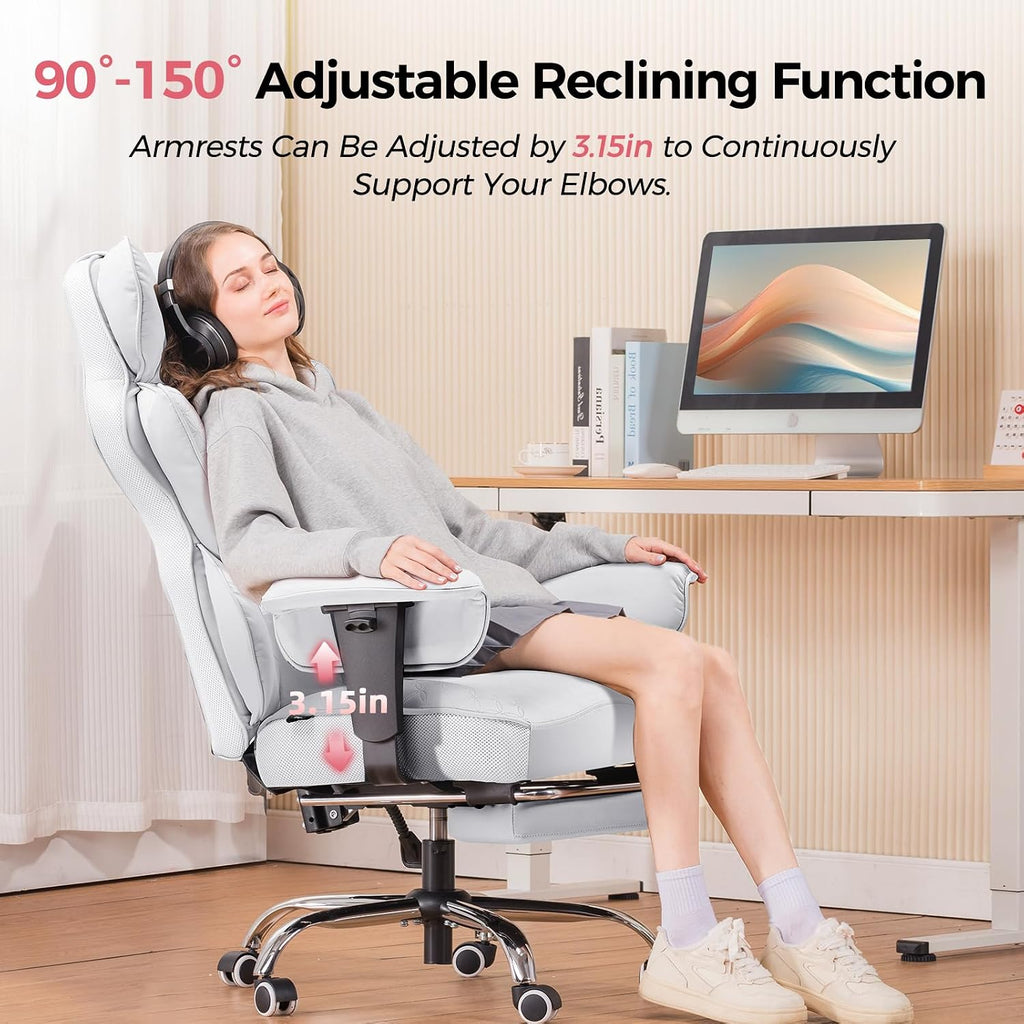 GTPLAYER Big and Tall Gaming Chair 400lbs Heavy Duty Office Chair with Foot Rest & Ergonomic Pocket Spring Lumbar Support, High Back Executive Computer Desk Chair for Lower Back Pain Relief, White
