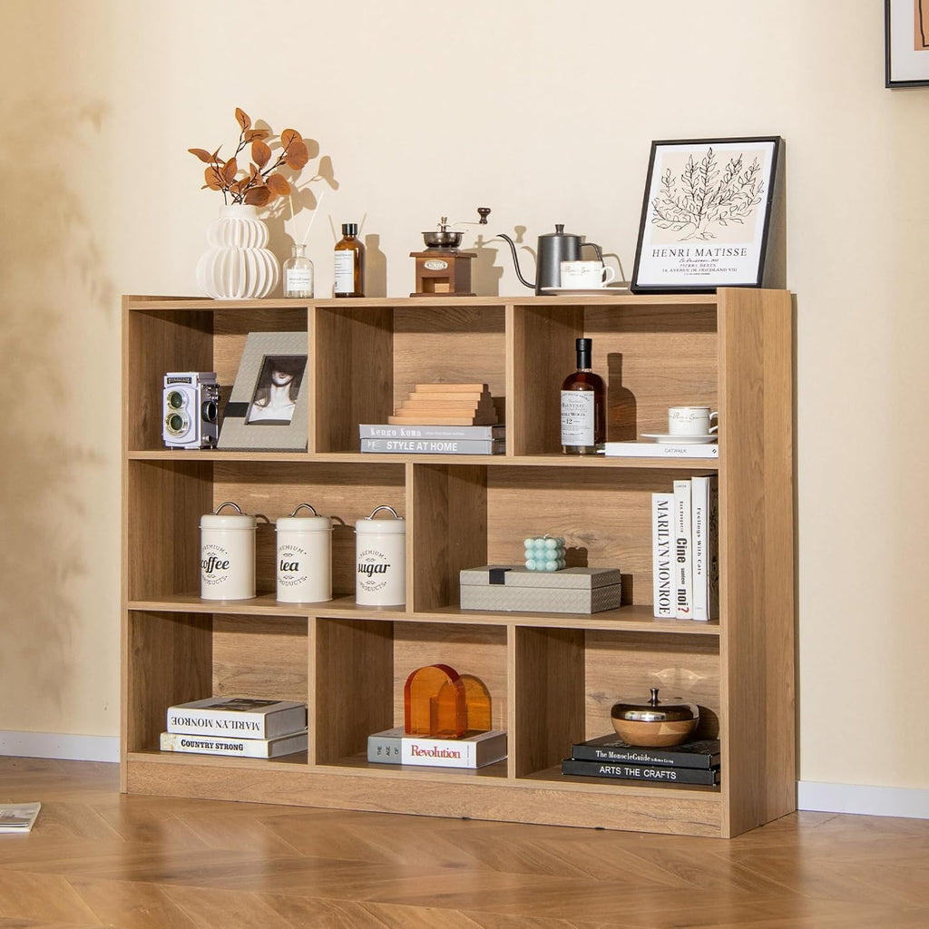 Giantex 8 Cube Bookcase, Freestanding 3-Tier Open Bookshelf, Modern Storage Display Cabinet, Wood Cube Storage Organizer for Living Room, Kid's Room, Natural
