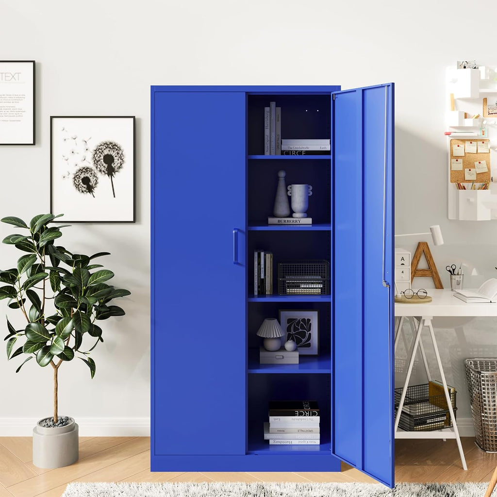 Metal Garage Storage Cabinet, 71' Locking Storage Cabinet with 2 Doors and 4 Adjustable Shelves, Lockable Metal Cabinet for Home,Garage,Gym,School（Blue）