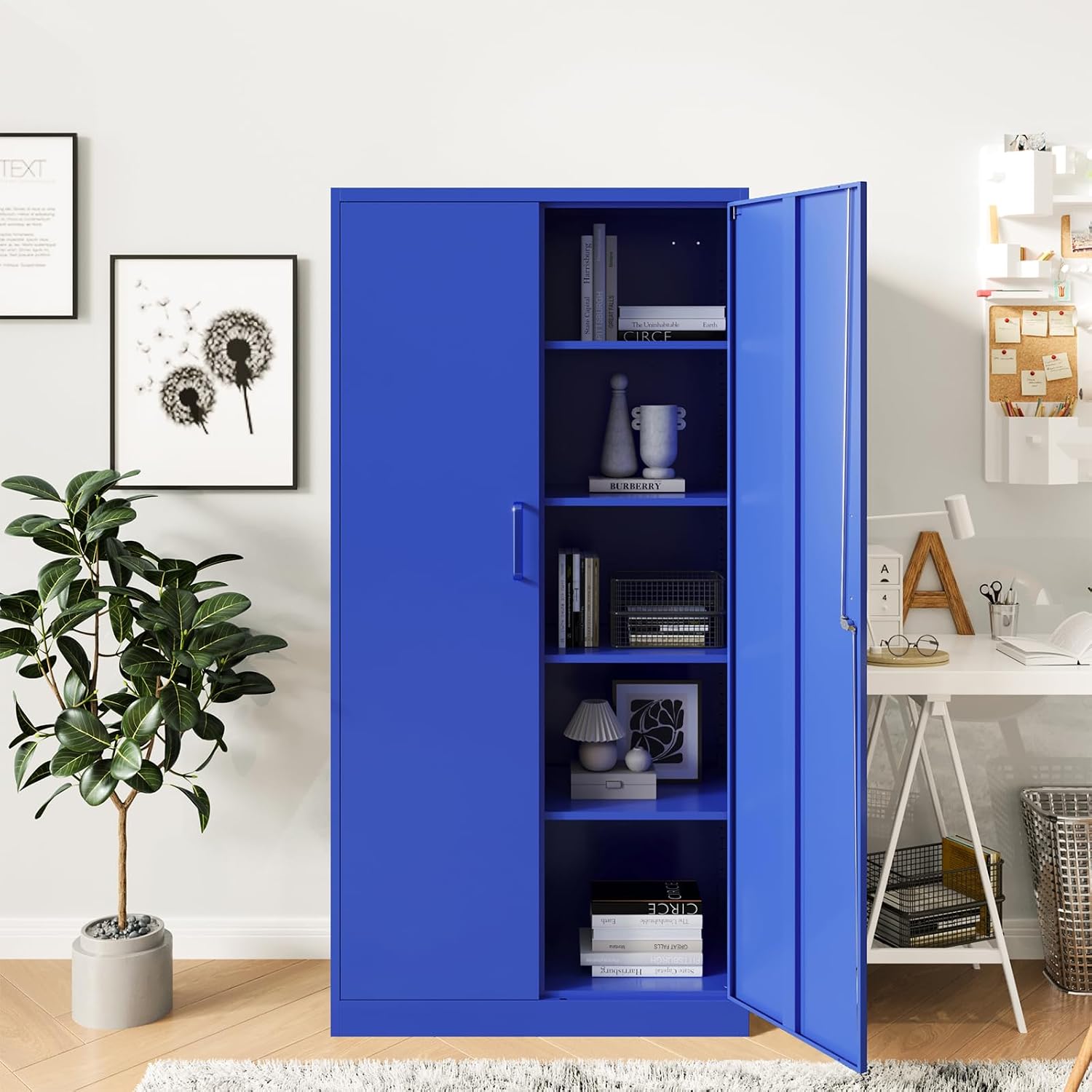 Metal Garage Storage Cabinet, 71' Locking Storage Cabinet with 2 Doors and 4 Adjustable Shelves, Lockable Metal Cabinet for Home,Garage,Gym,School（Blue）