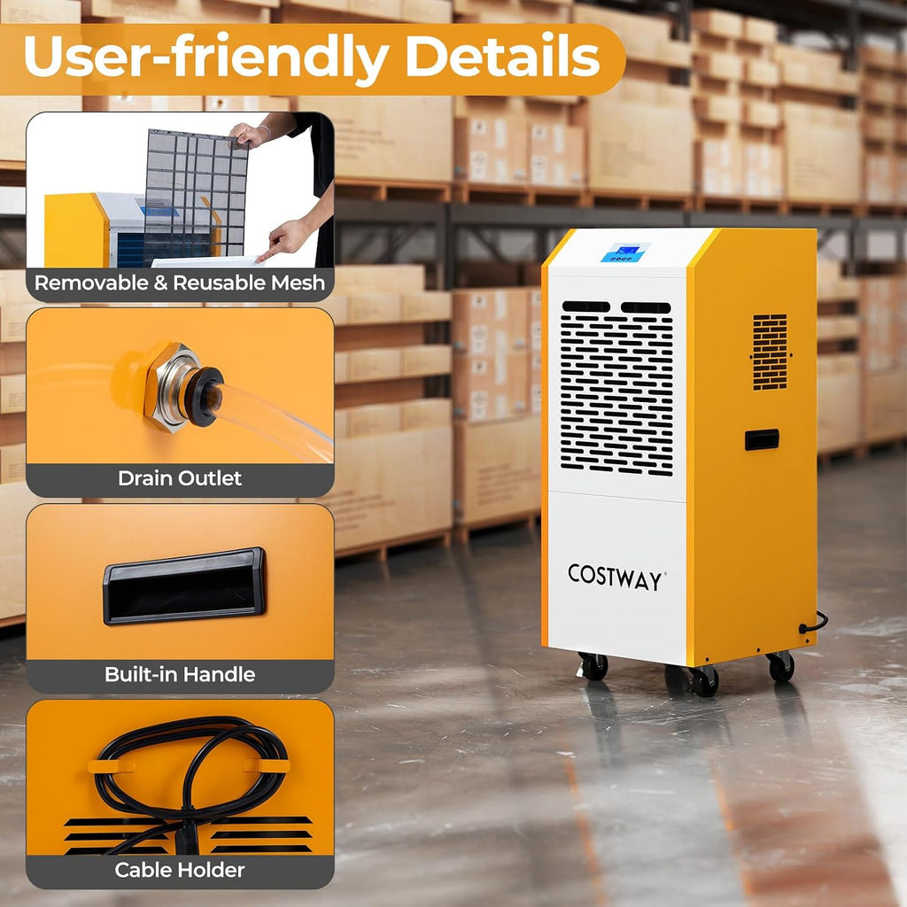 COSTWAY 290 Pints Commercial Dehumidifier with Pump, Industrial Dehumidifier with Drain Hose, 24H Timer & Wheels for Basement, Warehouse, Large Spaces up to 9,000 Sq.Ft