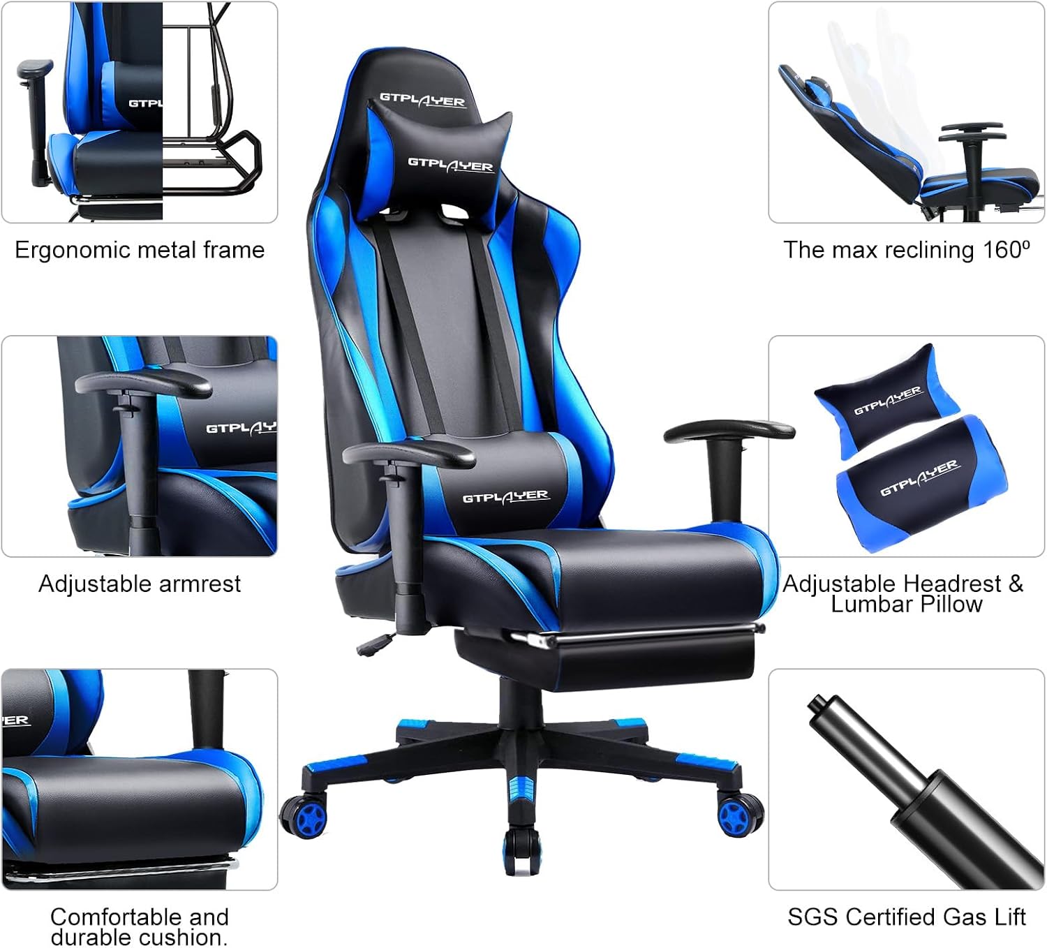 GTPLAYER Gaming Chair with Footrest, Ergonomic Computer Game Desk Chair, Reclining Gamer Chair Seat Height Adjustment, Swivel Rocker with Headrest and Lumbar (Blue)