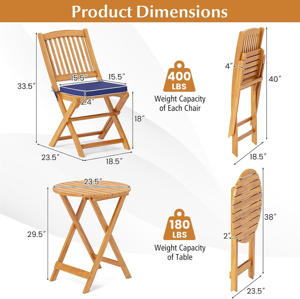 Tangkula 3 Pieces Acacia Wood Patio Folding Bistro Set, Outdoor Table and Chairs Set with Soft Cushions, Patio Furniture Set for Porch, Balcony, Garden, Deck and Backyard