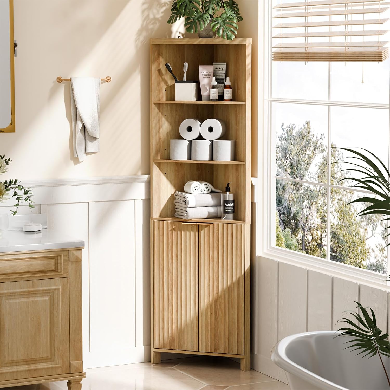 VINGLI 68' Tall Corner Cabinet with Fluted Doors,Corner Bathroom Storage Cabinet Pantry Hutch Display Shelves Adjustable for Kitchen, Living Room Modern Space Saver Shelf Bathroom Furniture,Oak