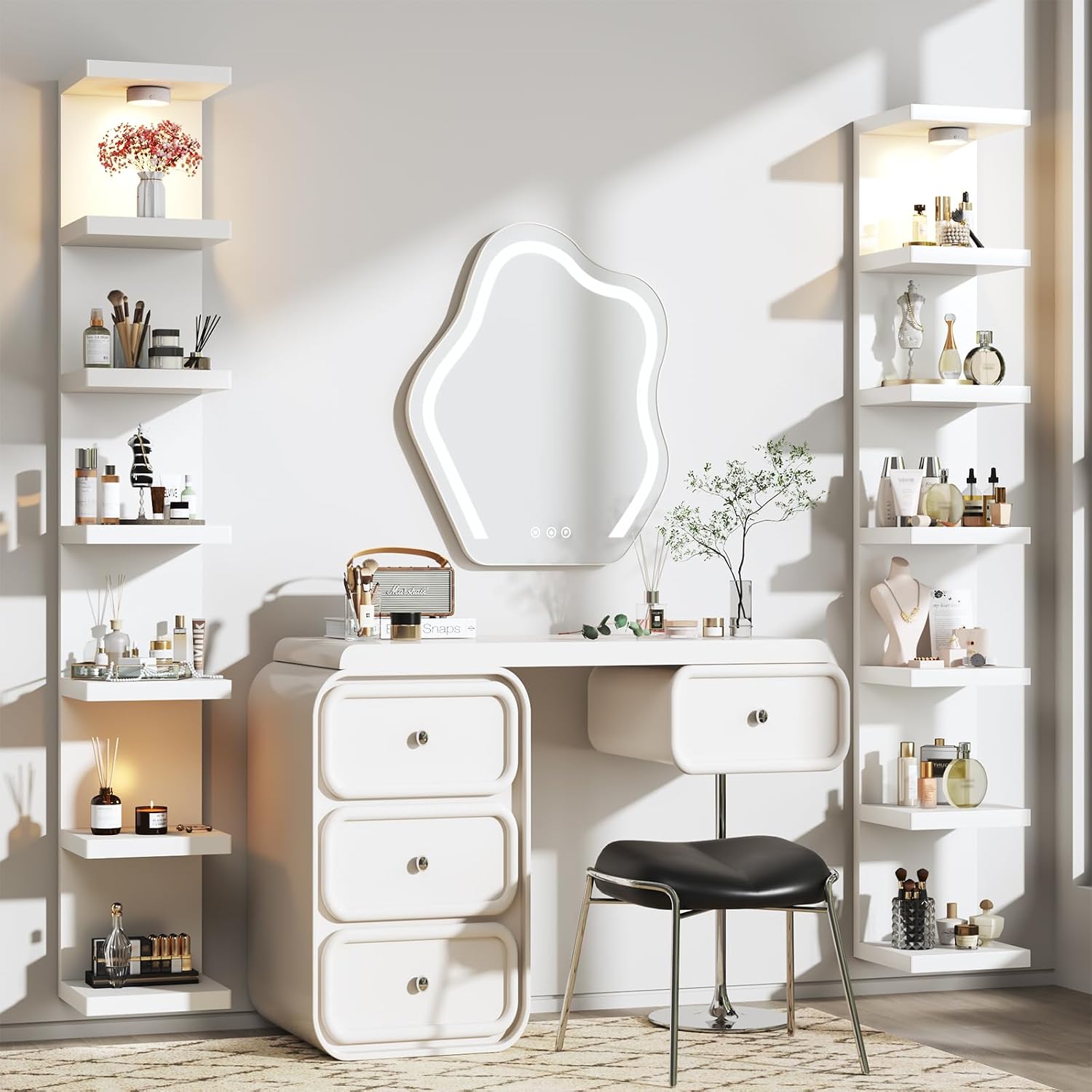 2 Pack-7 Tier Vertical Wall Shelf Unit with USB Rechargeable LED Light (Remote Controlled),Floating Lack Shelf,Versatile Display Shelves for Home Storage, Decor,Vanity-White