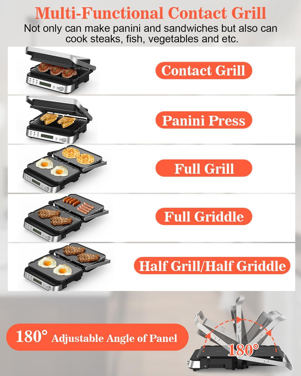 CATTLEMAN Panini Press Grill Sandwich Maker with Removable Plates, 1600W, 5 in 1 Smokeless Indoor Grill & Griddle with Meat Thermometer, Electric Contact Grills for Kitchen, Stainless Steel