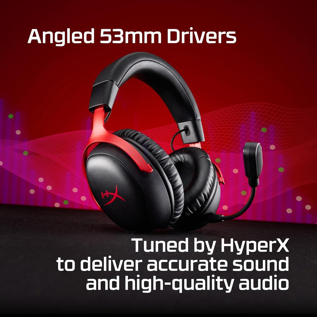 HyperX Cloud III S – Wireless Gaming Headset, 2.4GHz, Bluetooth, Battery Life up to 120 Hours 2.4GHz / 200 Hours Bluetooth, 53mm Angled Drivers, 10mm Detachable Mic, Customizable – Black/Red