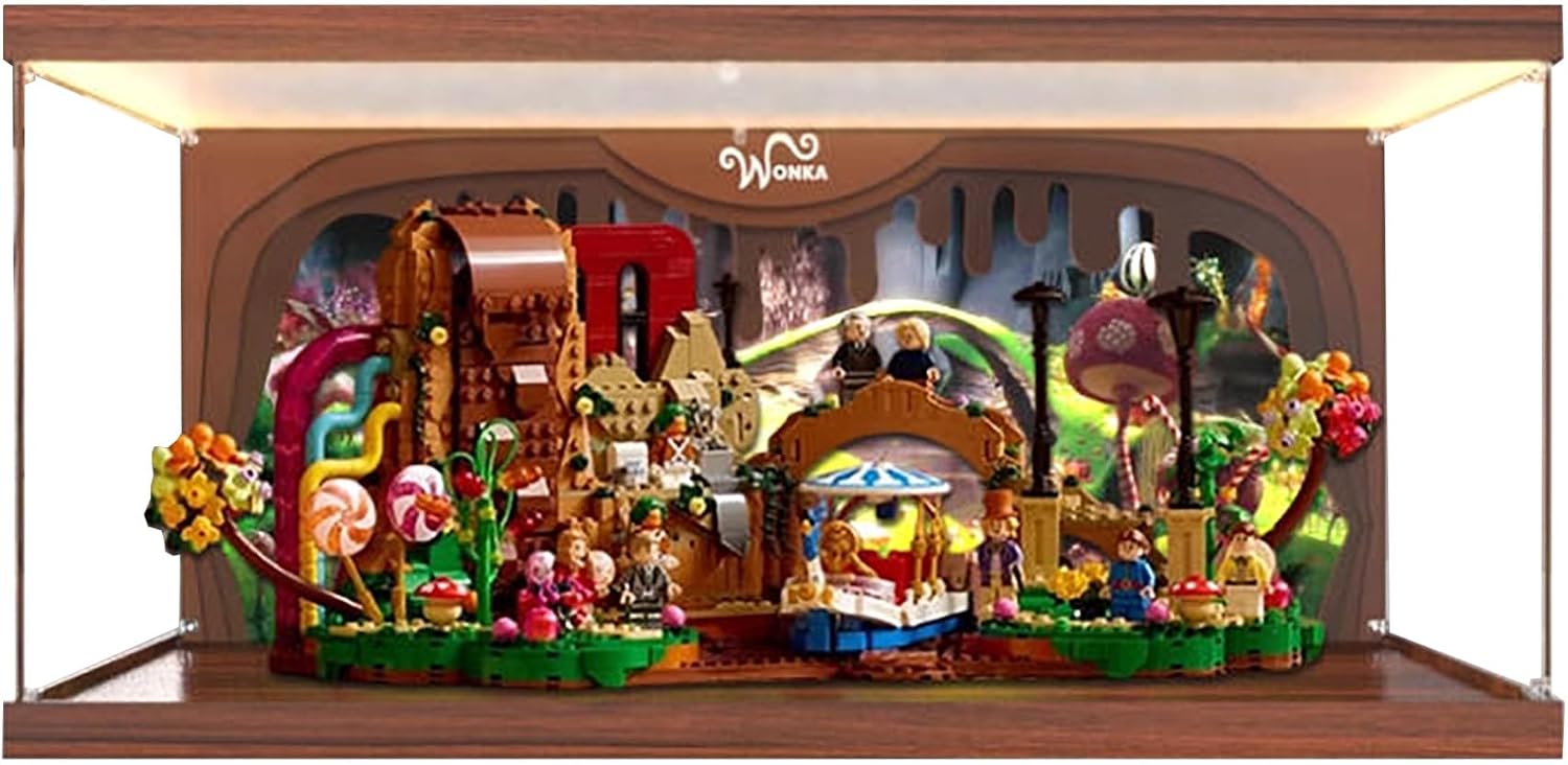 Acrylic Display Case for Lego 21360 Willy Wonka and The Chocolate Factory Building Set– Dustproof Display Box, Display Box Compatible with Lego 21360-Only Display case (Back Spray+LED Light 1)