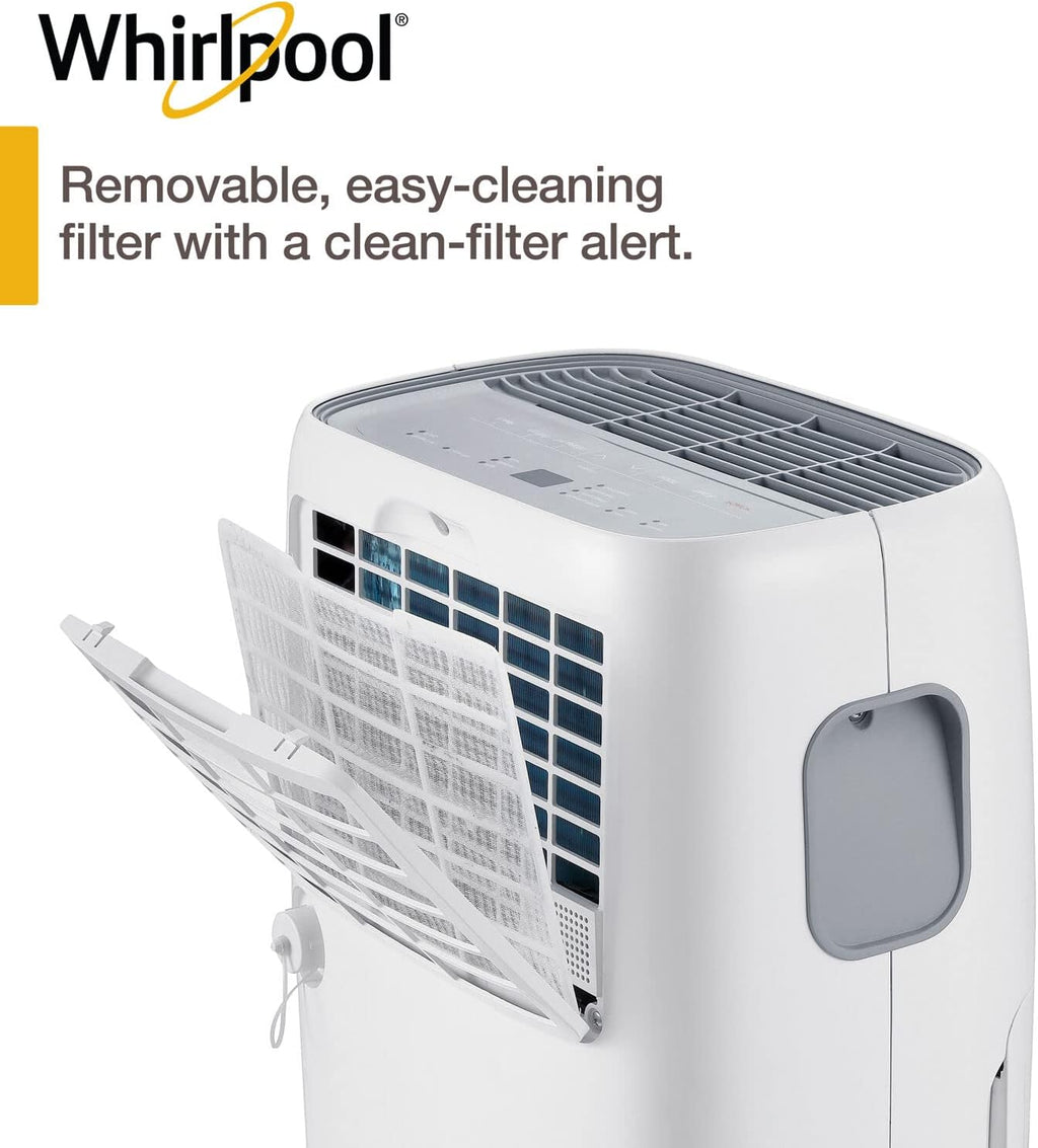 Whirlpool 20-Pint Portable Dehumidifier with Auto-Shutoff & Timer, Home Dehumidifier and Moisture Absorber For Basement, Garage, Living Room in White