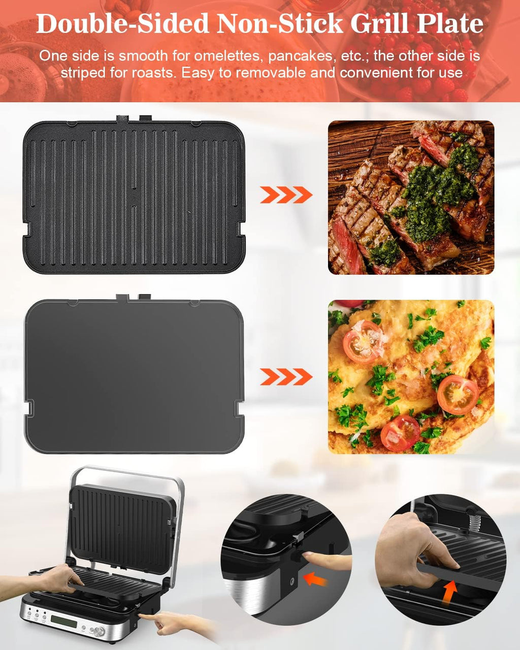 CATTLEMAN Panini Press Grill Sandwich Maker with Removable Plates, 1600W, 6 in 1 Indoor Grill with Meat Thermometer, Electric Contact Grills for Kitchen, Stainless Steel