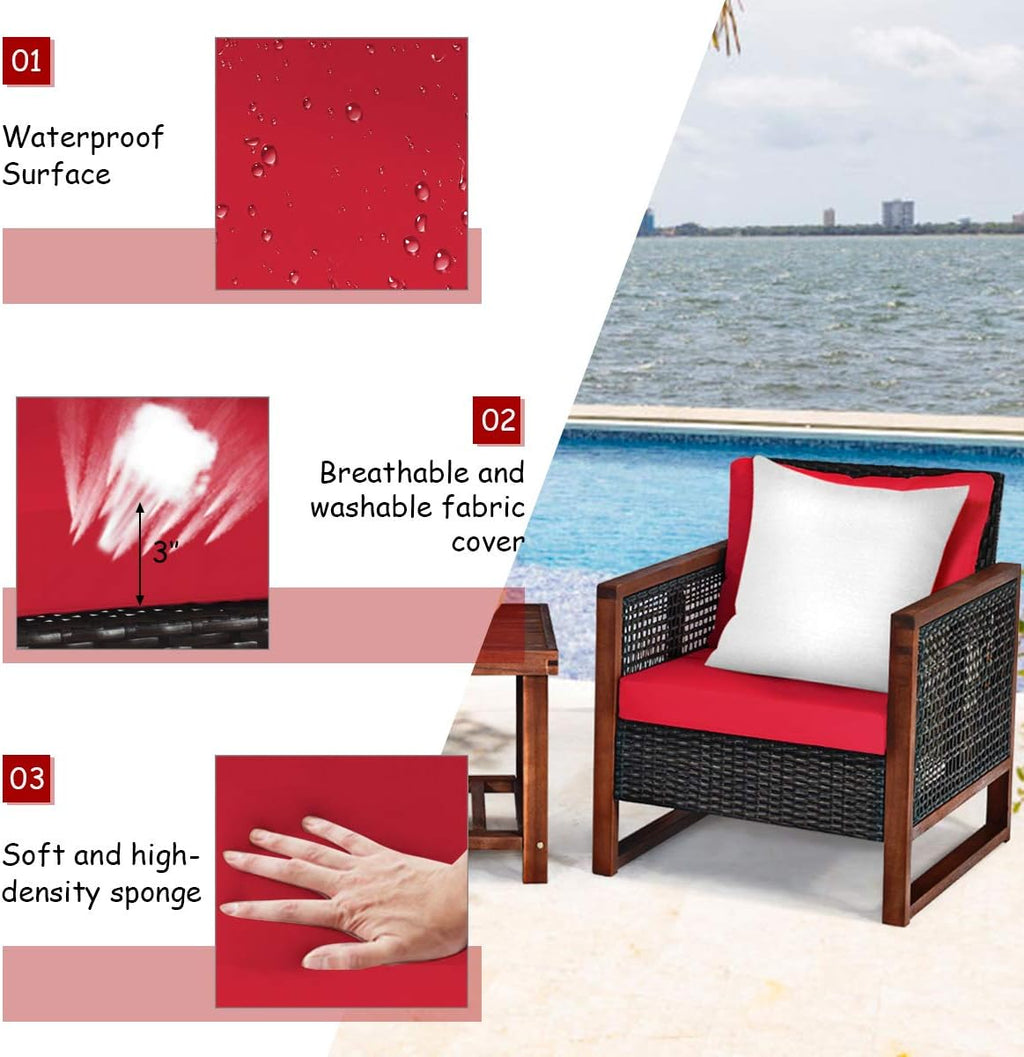 Tangkula 3 Pieces Patio Wicker Furniture Set, Rattan Outdoor Sofa Set w/Washable Cushion & Acacia Wood Coffee Table, Conversation Bistro Set for Garden Balcony Backyard (Red)