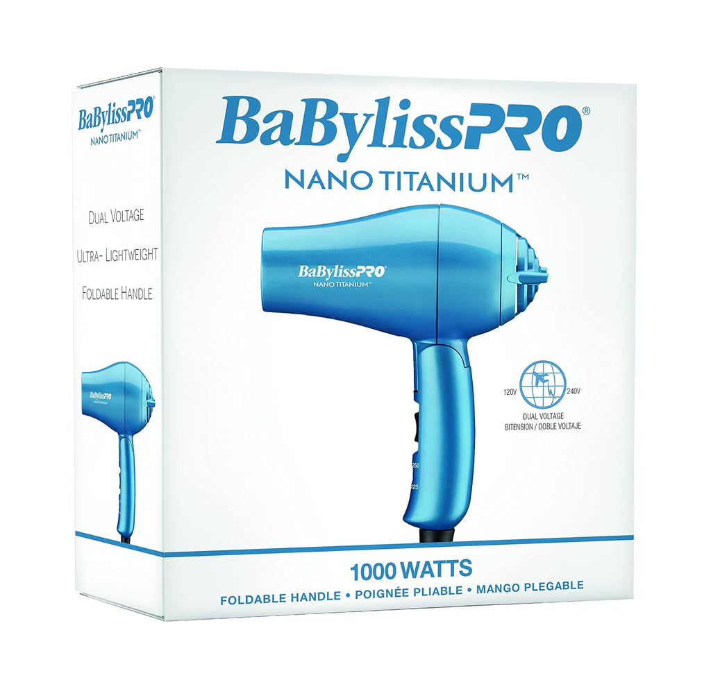 BaBylissPRO Nano Titanium Travel Hair Dryer, 1000 Watt Professional Blow Dryer with Concentrator Nozzle, Foldable Handle, Dual Voltage
