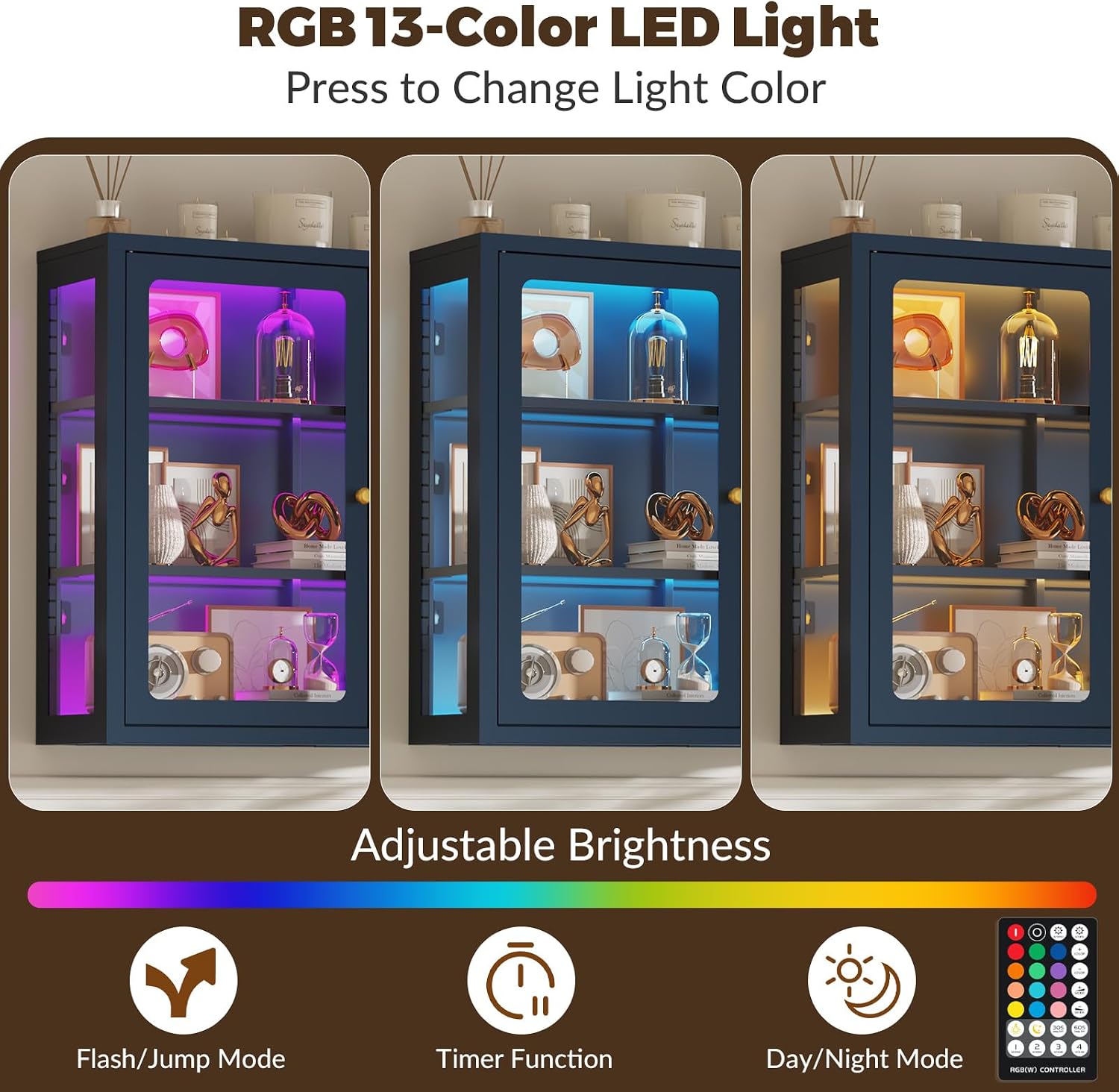 Bathroom Wall Cabinet with 13-Color Light, Wall Mounted 3-Sided Glass Display Cabinet with Adjustable Shelves, Floating Metal Medicine Storage Cabinet for Kitchen Living Room - Blue