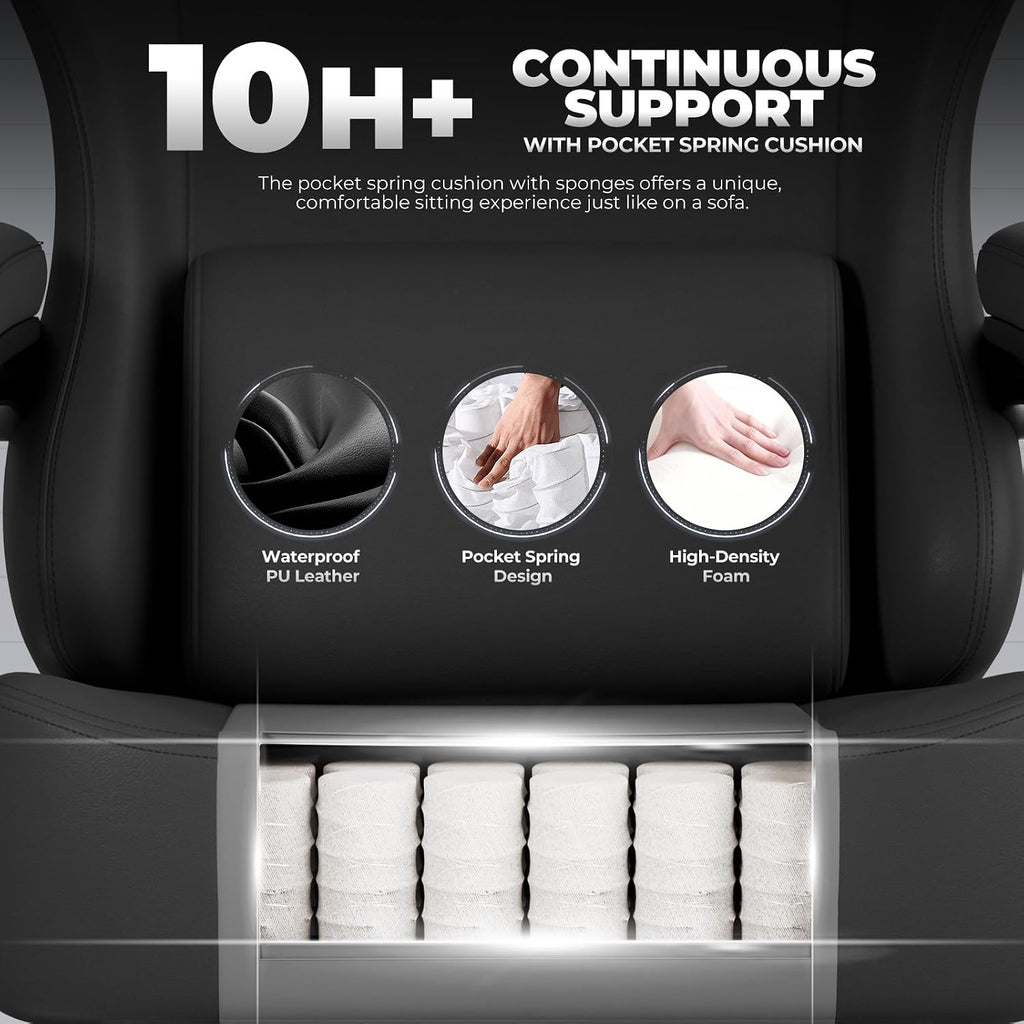 GTPLAYER Gaming Chair with Pocket Spring Cushion, Big and Tall Gamings Chairs 350LBS High Back Computer Chair with Footrest for Adults Lumbar Support Swivel Game Chair for Office,Leather Black-Massage