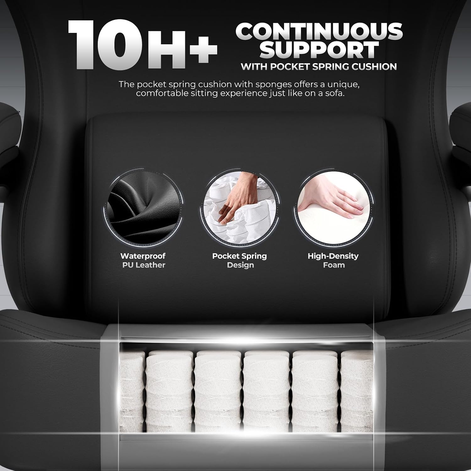 GTPLAYER Gaming Chair with Pocket Spring Cushion, Big and Tall Gamings Chairs 350LBS High Back Computer Chair with Footrest for Adults Lumbar Support Swivel Game Chair for Office,Leather Black-Massage