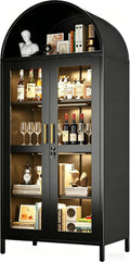 78.74' H Metal Arched Cabinet with Lock and LED Light, Metal Curio & Liquor Display Cabinet with Glass Doors and Adjustable Shelves for Dining Room, Home, Assembly Required,Black