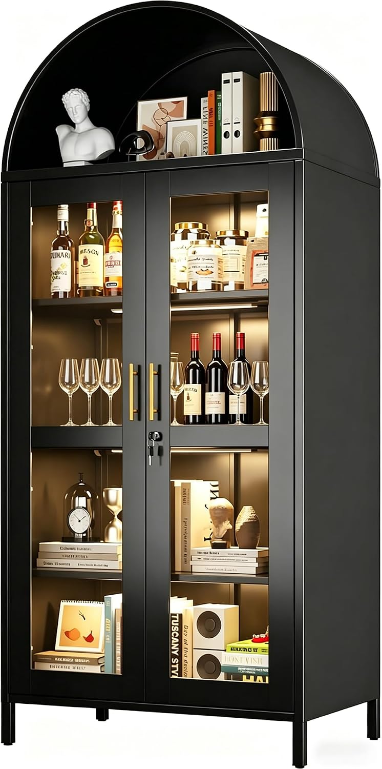 78.74' H Metal Arched Cabinet with Lock and LED Light, Metal Curio & Liquor Display Cabinet with Glass Doors and Adjustable Shelves for Dining Room, Home, Assembly Required,Black