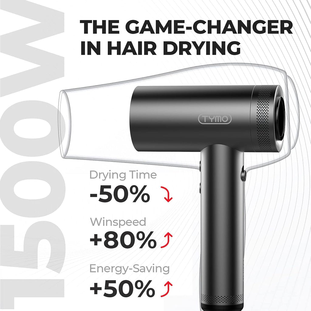 TYMO Hair Dryer with Diffuser for Women - 1500W Professional High Speed Blow Dryer with Comb, 110,000RPM Fast Dry, 200 Million Ionic Hairdryer, 4 Temps & 3 Speeds, 8 Ft Cord for Salon, Graphite