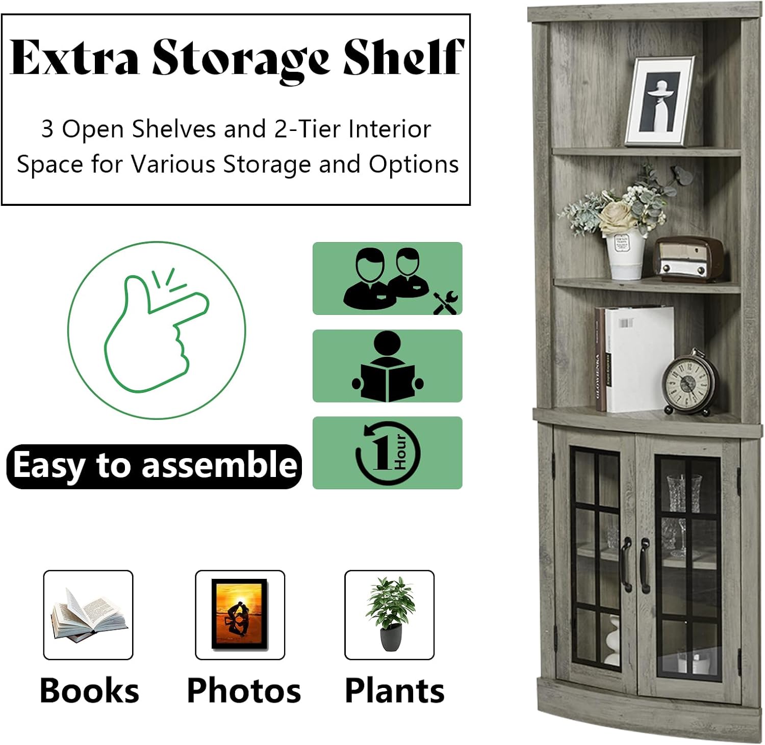 AMERLIFE Curved Corner Storage Cabinet, 65' Tall Freestanding Bookcase with Glass Doors & Adjustable Shelves, 5-Tier Corner Display Cabinet for Living Room, Bathroom, Laundry Room, Washed Grey