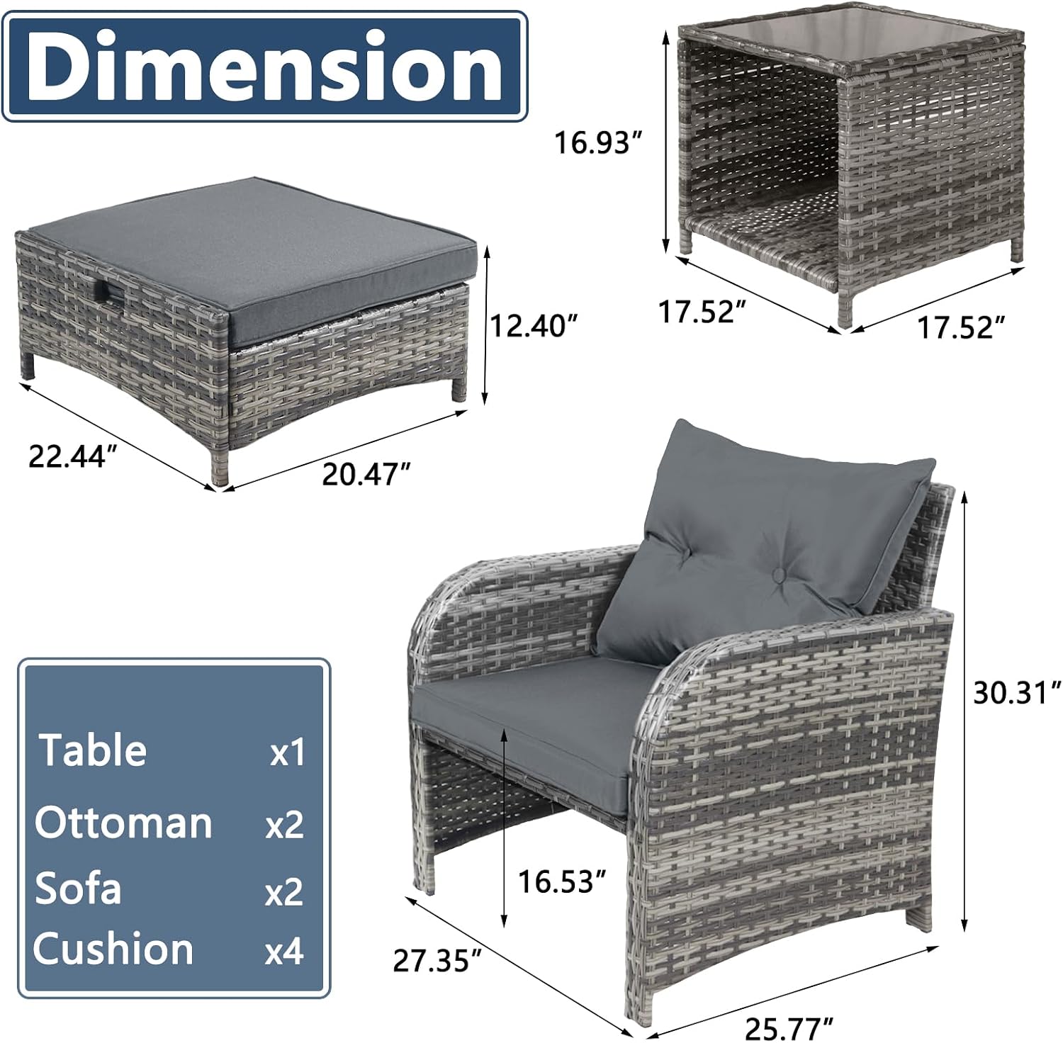 5 Pieces Wicker Outdoor Patio Chairs with Ottomans, All Weather PE Rattan Outdoor Conversation Set Bistro Patio Furniture Set with Hidden Ottoman for Porch Backyard Balcony, Grey