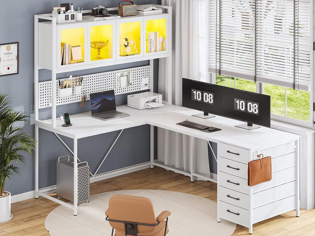 SEDETA L Shaped Gaming Desk with Drawers, L Shaped Computer Desk with Hutch and Storage Shelves, Gaming Desk with Pegboard, Led Lights, and Power Outlet, Home Office Desk, Corner Desk, White