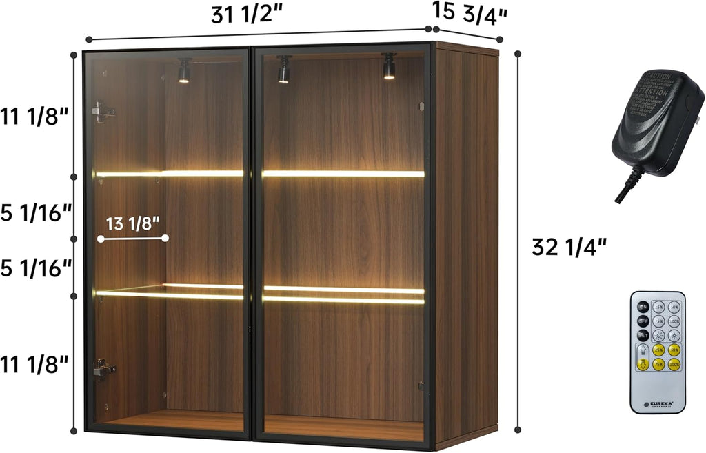 EUREKA ERGONOMIC Wall Cabinets with Glass Doors 2-Tier Adjustable Shelves Wooden Cabinet Storage for Collectibles Figurines Display Cabinet for Home Office Living Room Bedroom, Walnut