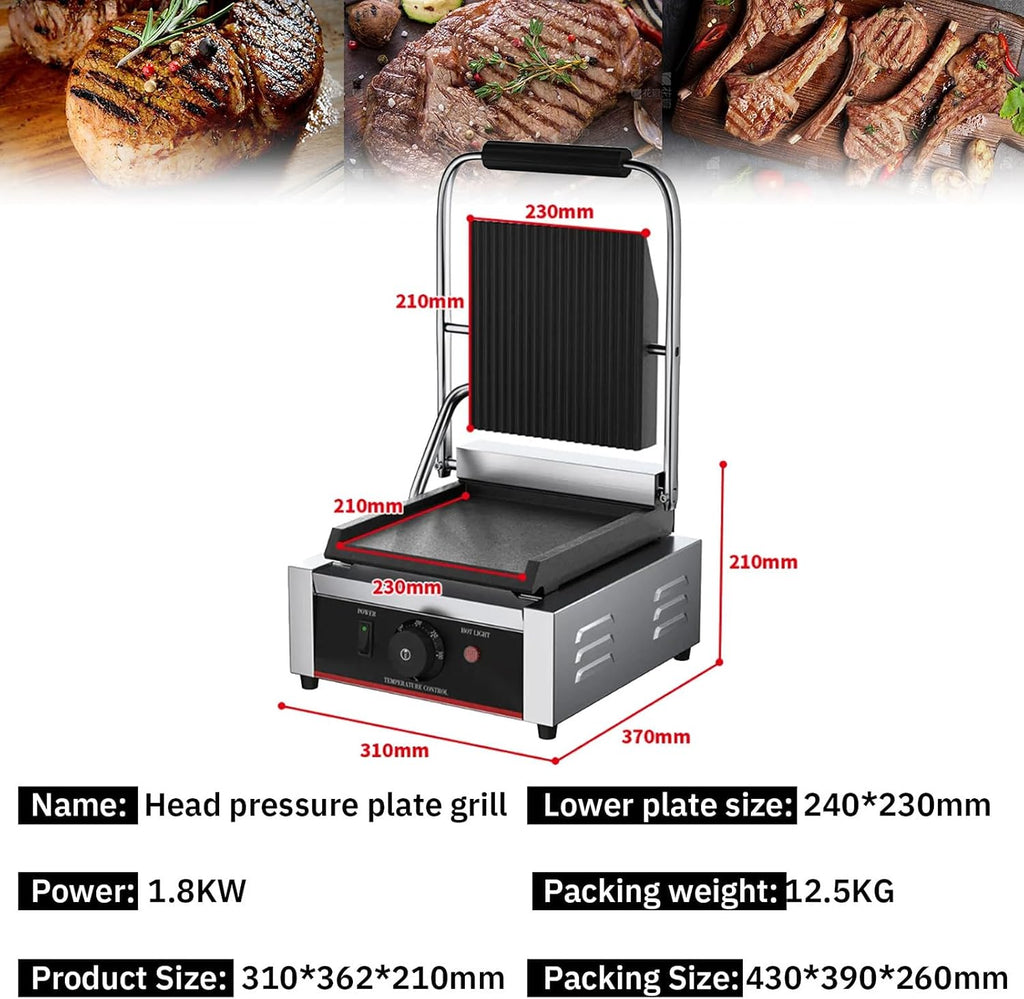 Electric Contact Grill, 1800W Stainless Steel Steak Maker, Commercial Panini Press, 50°C~300°C Adjustable Temperature, Even Heating, Fast Heating,110V