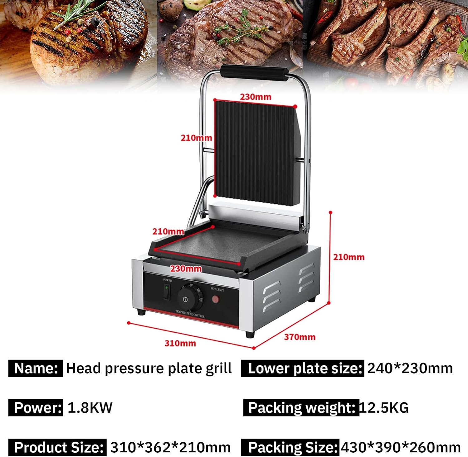 Electric Contact Grill, 1800W Stainless Steel Steak Maker, Commercial Panini Press, 50°C~300°C Adjustable Temperature, Even Heating, Fast Heating,110V