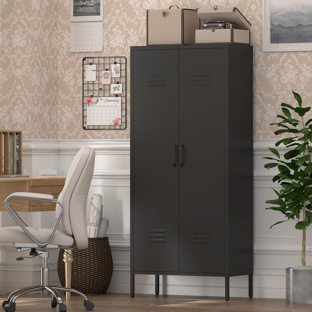 IRONFFICE Storage Cabinet,Metal Cabinets with Doors and Shelves,2 Door Metal Storage Cabinets with Legs,Black Tall Cabinet for Home Office,Utility Room