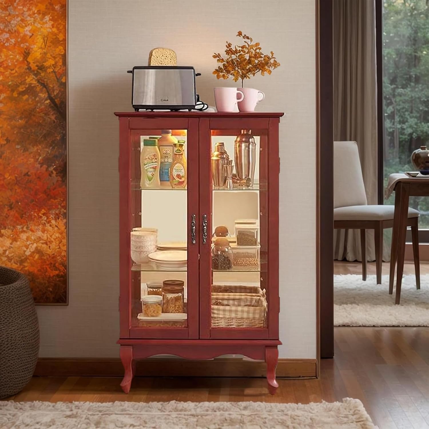 43'H Lighted Display Curio Cabinet, 3-Tier Glass Accent Storage Cabinet Curio Showcase w/ 2 Doors & Adjustable Shelves, Wine Artwork Storage Rack w/ Mirrored Back Panel for Living Room (Cherry)