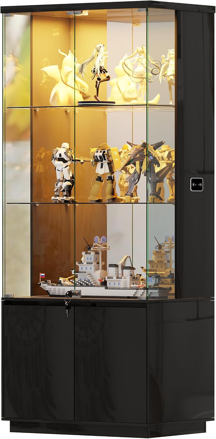 Lvifur 71' Tall Display Cabinet with Glass Doors, Modern Curio Cabinet Display Cases for Collectibles, Locking Cabinet with Shelves, Living Room Bookcase with Lights & Human Body Sensor (Black)