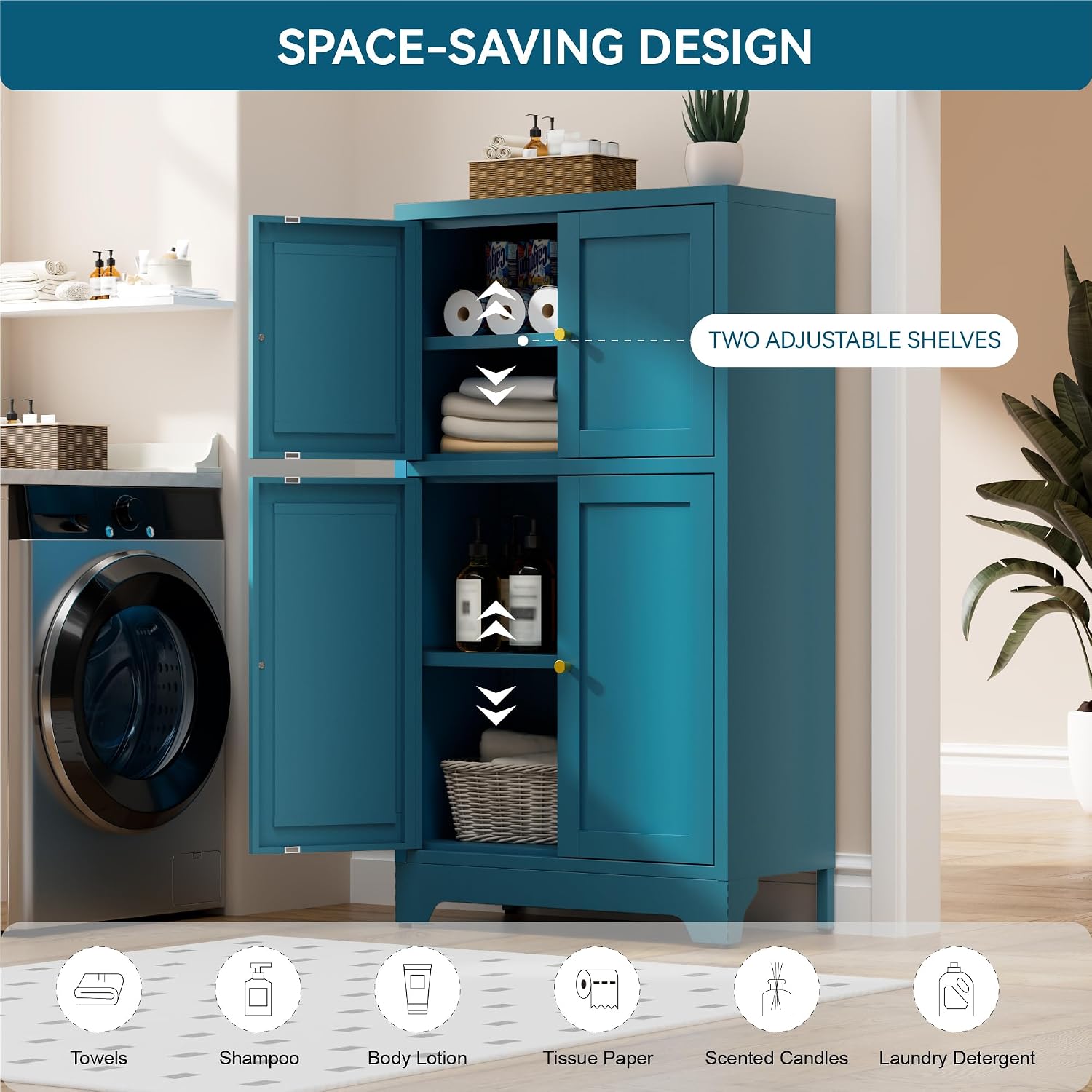 Bevivog Bathroom Floor Storage Cabinet,Metal Accent Cabinets with 4 Doors and 2 Adjustable Shelves,Blue Storage Locker Cabinets Organizer for Pantry Kitchen,Living Room,Hallway, Restroom
